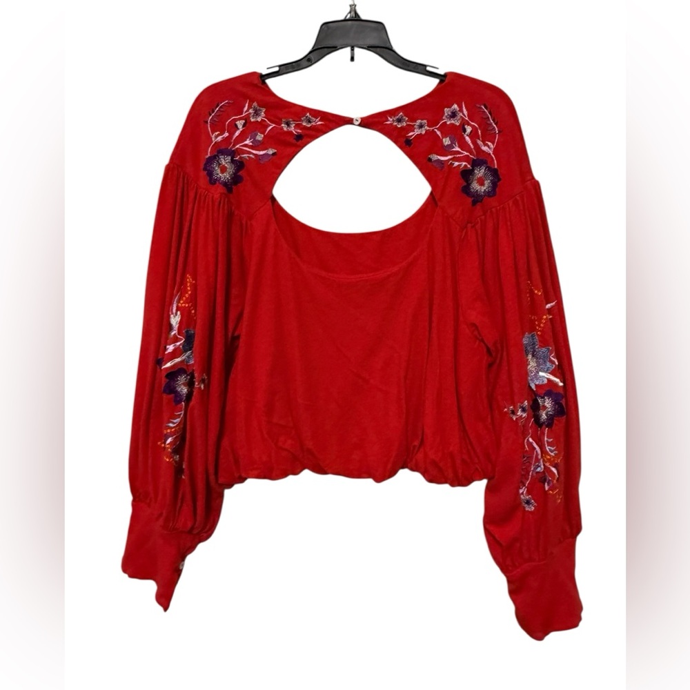 Free People Red Embroidered Long Sleeve Cut Out Blouse Size Medium EUC